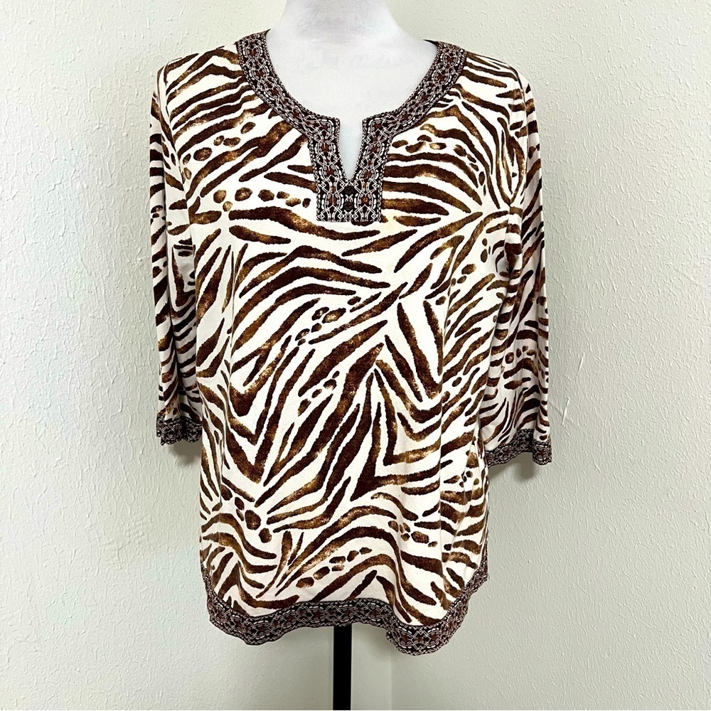 VTG Alfred Dunner Animal Print PL V-Neck Blouse with Sequins 3/4 Sleeves EUC